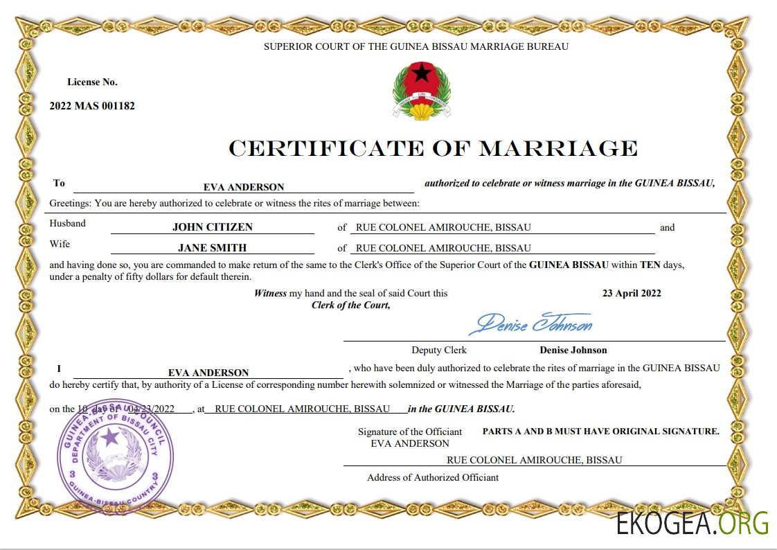 Acte de mariage en Guinée Bissau